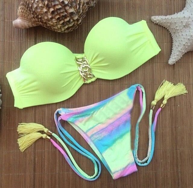 F4489 Yellow Bandeau Top and Tassel Tie Bottom Bikini